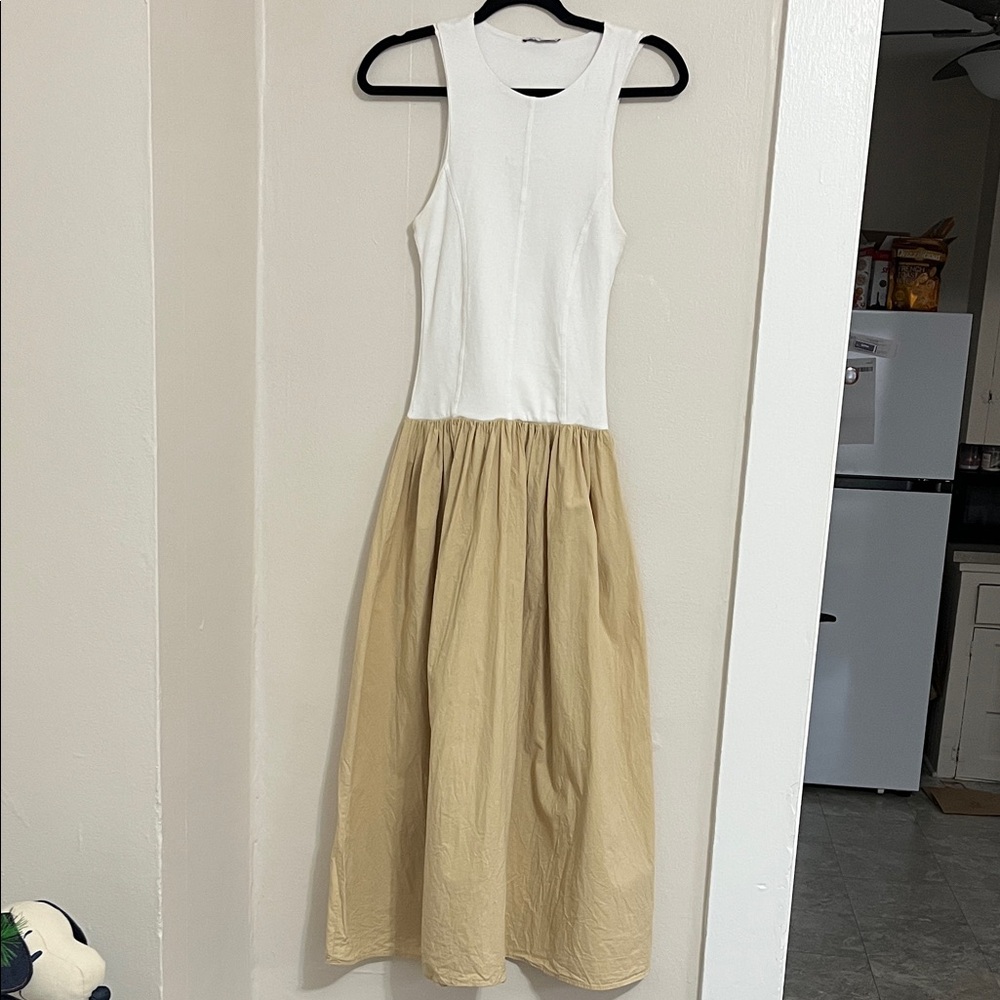 Zara White and Tan Midi Dress
